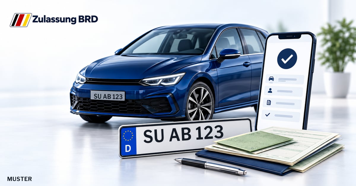 Online Fahrzeugzulassung in Sankt Augustin: Musterkennzeichen SU AB 123, Auto und Fahrzeugpapiere und Smartphone. Illustration mit Logo von Zulassung BRD.